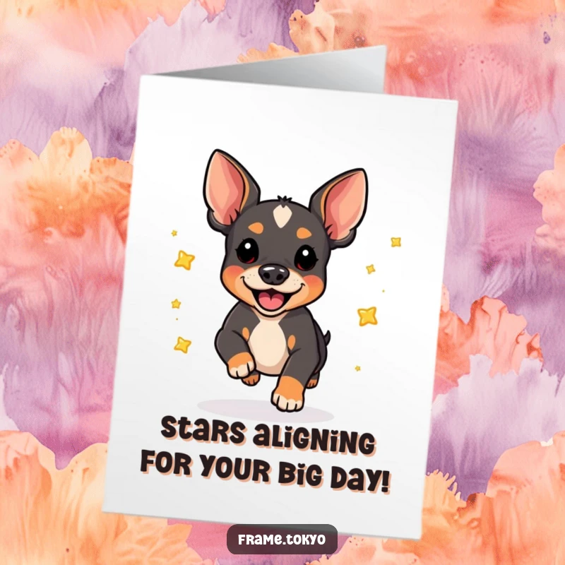 Funny Free Printable Birthday Card: A joyful pinscher mid-pounce, scattering sparkling stars with pure delight.