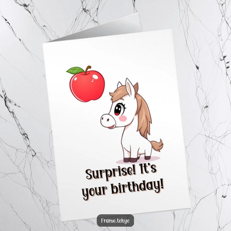 Funny Free Printable Birthday Card: Horse looking utterly surprised at a massive, floating red apple.