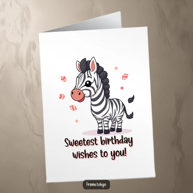 Funny Free Printable Birthday Card: A zebra joyfully waving and juggling small striped candies, spreading birthday cheer.