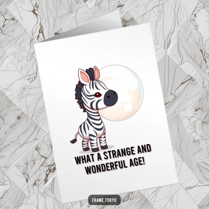 Funny Free Printable Birthday Card: Zebra curiously sniffing a massive floating bubble, whimsical and amusing design.
