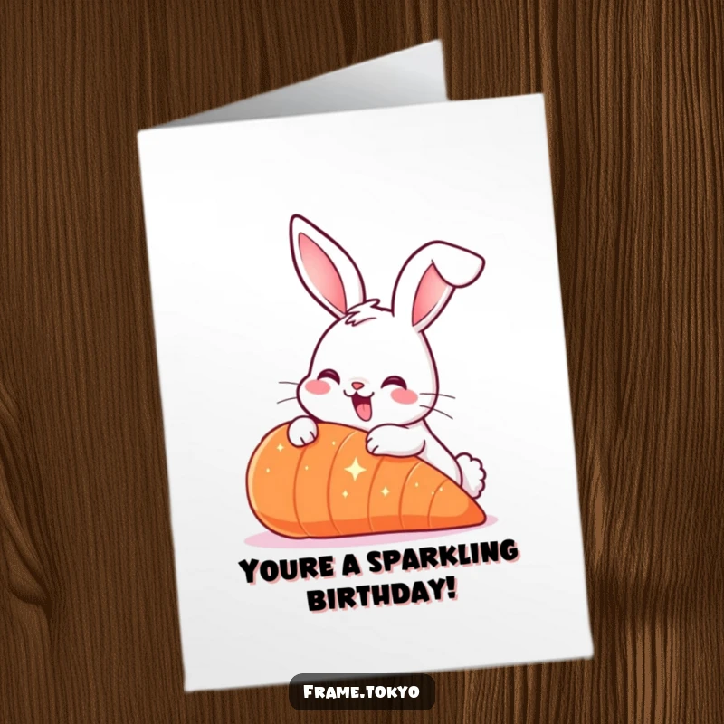 Funny Free Printable Happy Birthday Card: Smiling rabbit with long ears, nibbling a giant sparkling carrot, cute bunny.