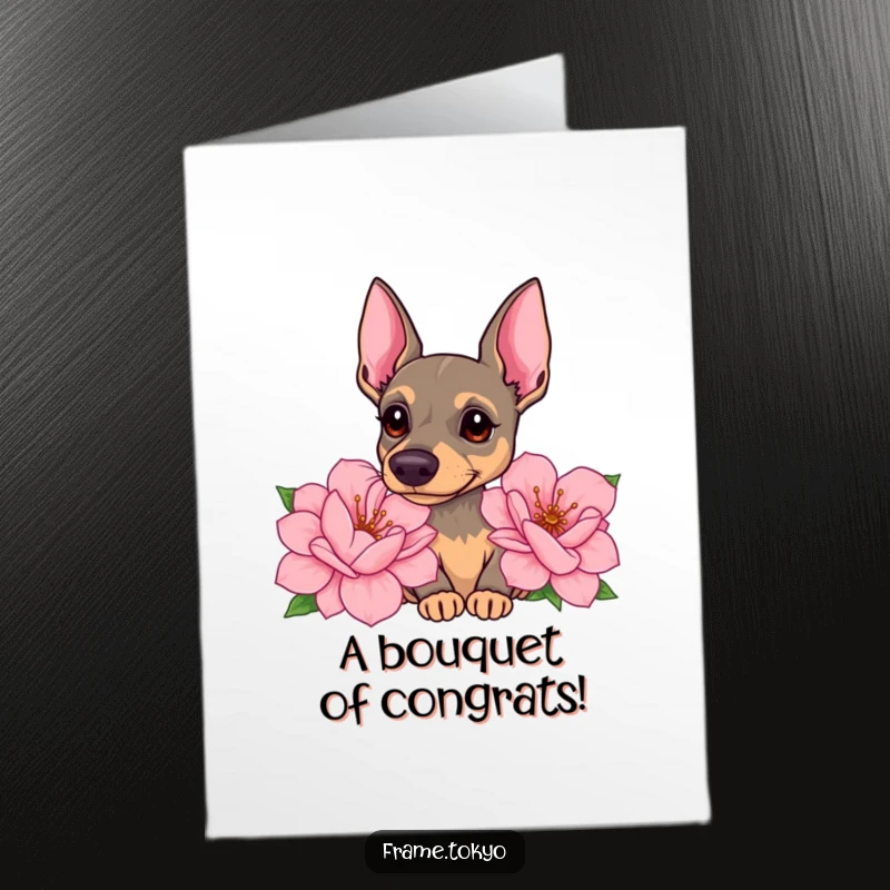 Funny Free Printable Pinscher Congratulations Card: A curious Pinscher with head tilted sniffing giant, fragrant flowers.