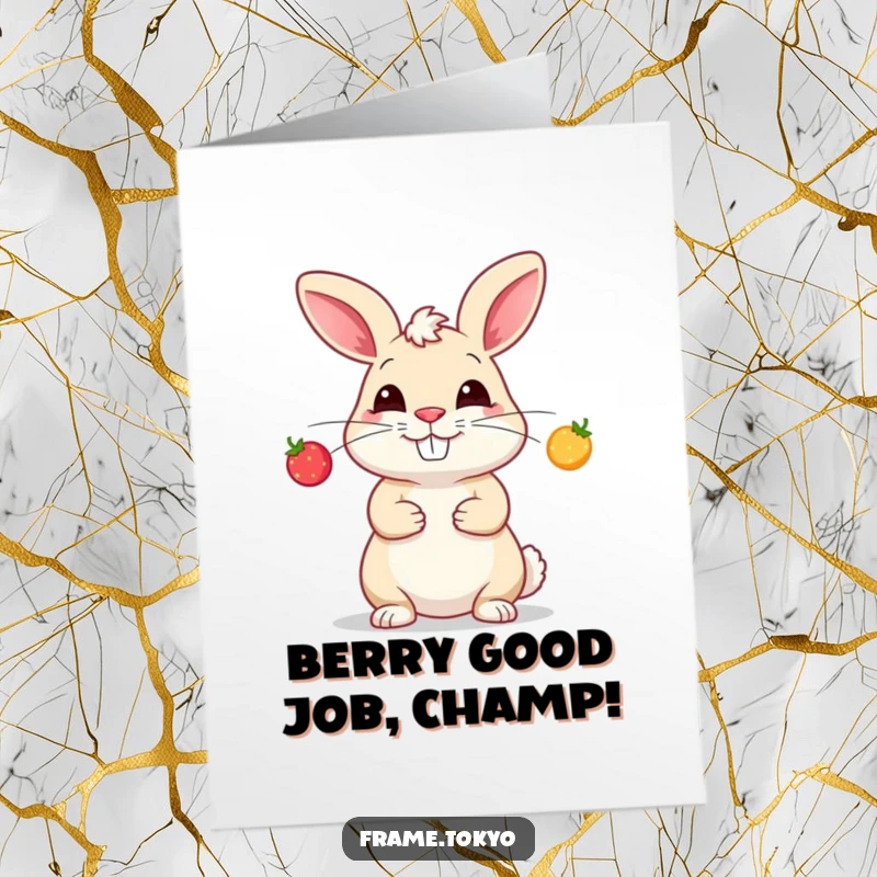 Funny Free Printable Congratulations Card: A rabbit with a silly grin juggling glowing berries, a humorous celebratory download.