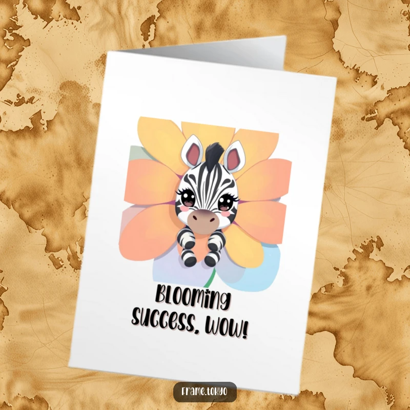 Funny Free Printable Congratulations Card: A curious zebra peeks from behind a large flower, celebrating your success.