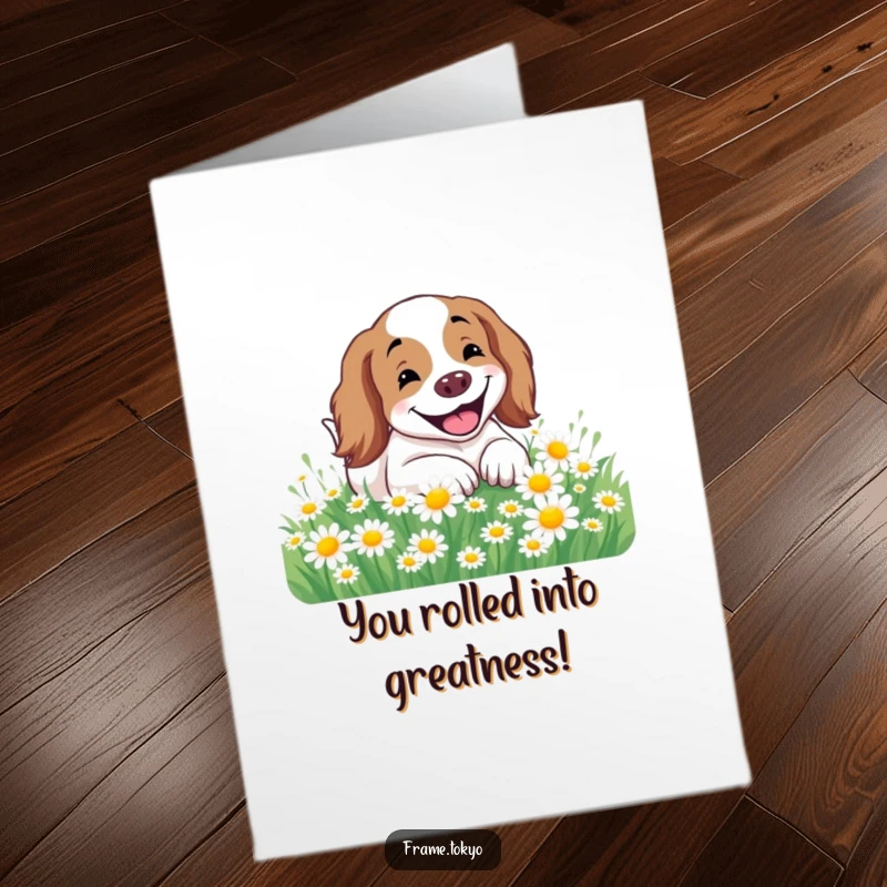 Funny Free Printable Congratulations Card: A spaniel beams with happiness while rolling in a daisy field.