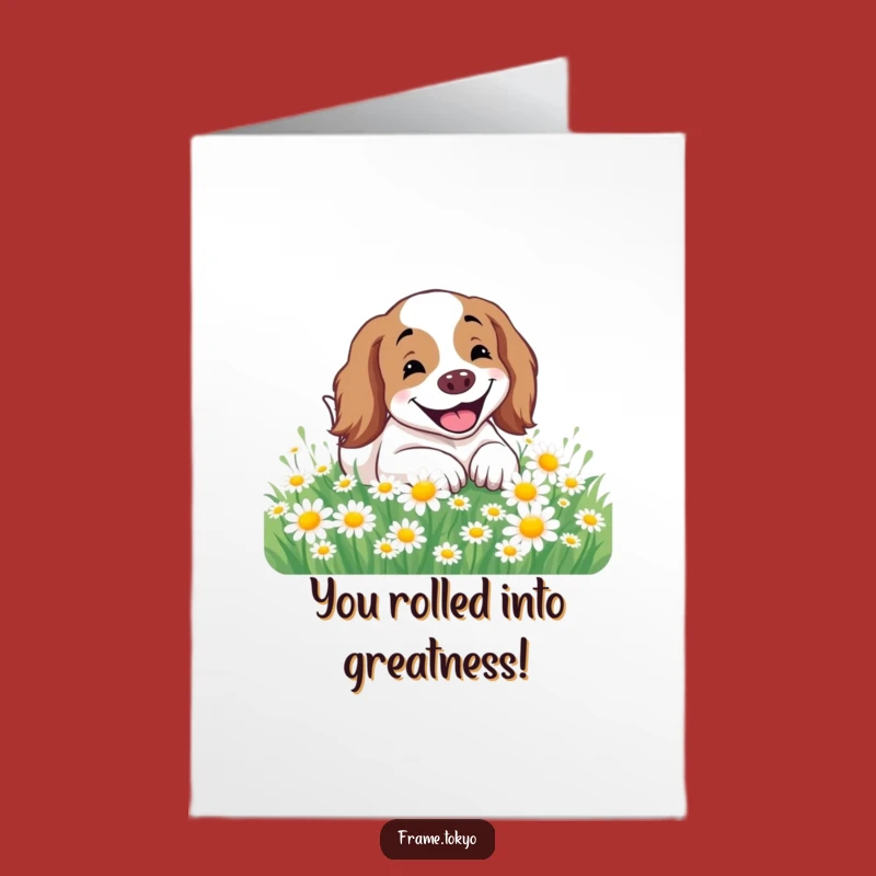 Free Printable Congrats Card: Blissful Spaniel Rolling in Daisies - Fun Downloadable Gift