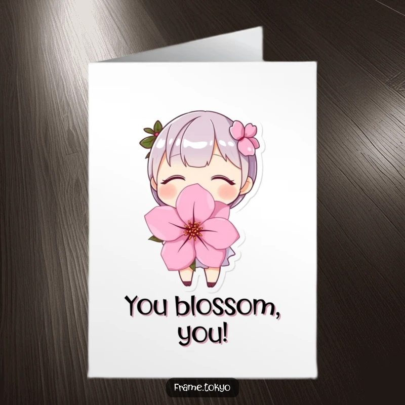 Funny Free Printable Congratulations Card showing a happy character embracing a huge cherry blossom, symbolizing joyful achievements.