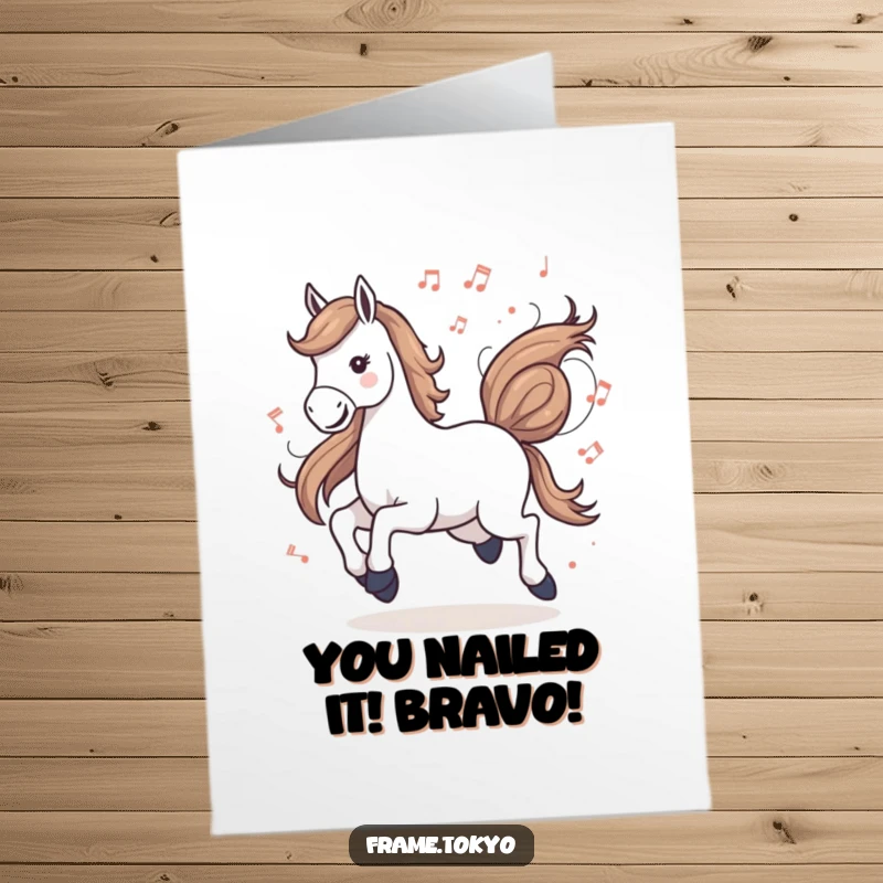 Funny Free Printable Congratulations Card: Horse galloping joyfully with abstract musical notes swirling around it, celebrating a harmonious achievement.