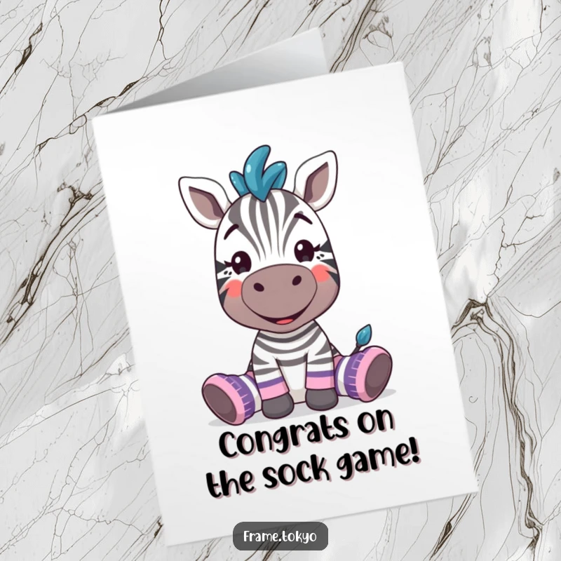 Funny Free Printable Congratulations Card: A zebra with a goofy grin, wearing comically large, mismatched socks, celebrating success.