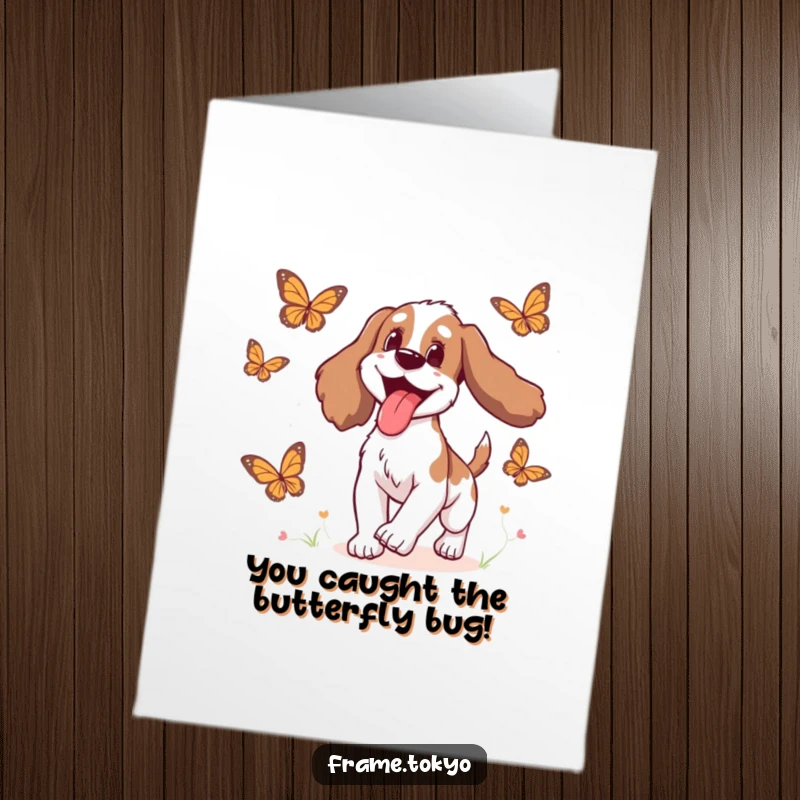 Funny Free Printable Congratulations Card: A spaniel gleefully chases butterflies with its tongue lolling out.