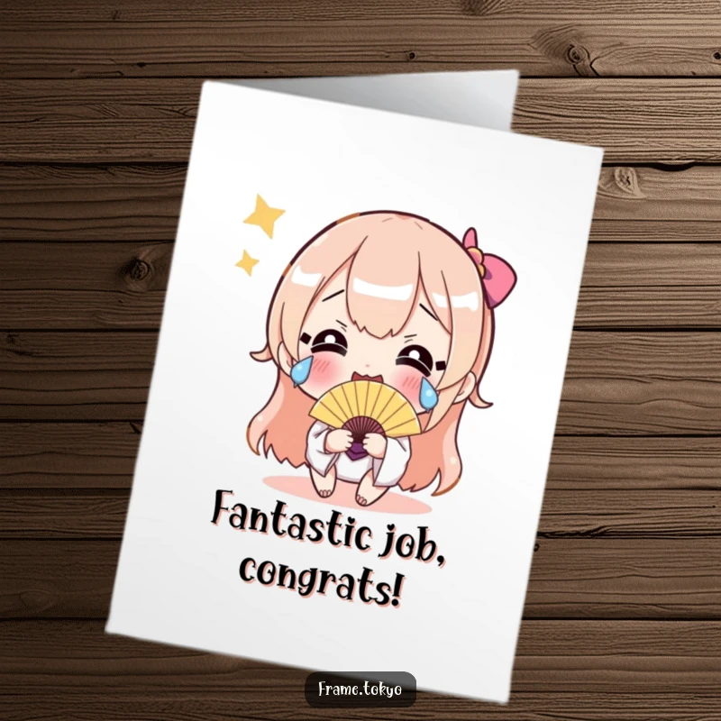 Funny free printable congratulations card: A character expresses extreme joy with happy tears and a shimmering fan.