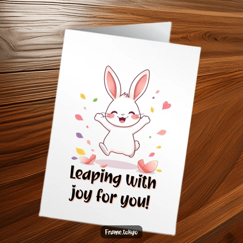 Funny Free Printable Congratulations Card: A joyful rabbit mid-leap, with a cascade of colorful abstract petals scattering around.