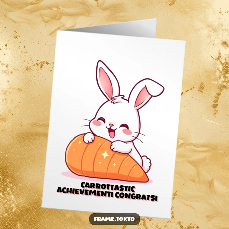 Funny Free Printable Congratulations Card: Smiling rabbit with long ears, nibbling a giant sparkling carrot, cute bunny.