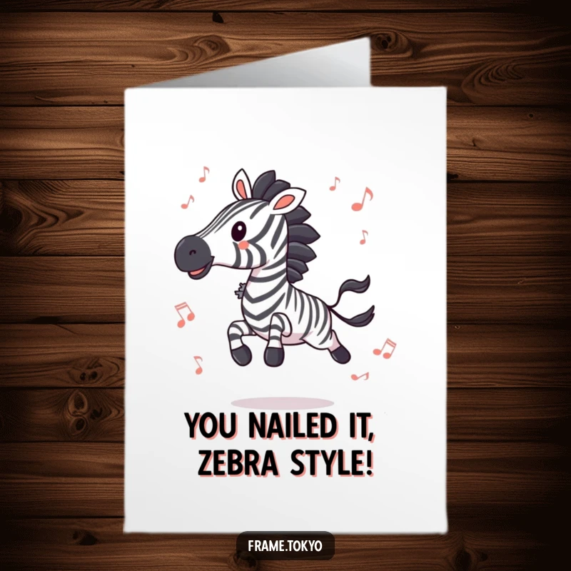 Funny Free Printable Congratulations Card: Energetic zebra jumping with abstract musical notes, celebrating success with pure abandon.