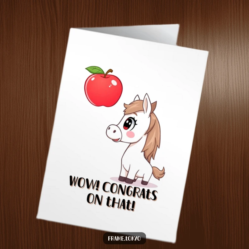Funny Free Printable Congratulations Card: A horse with a shocked face gazes at a giant apple floating mid-air.