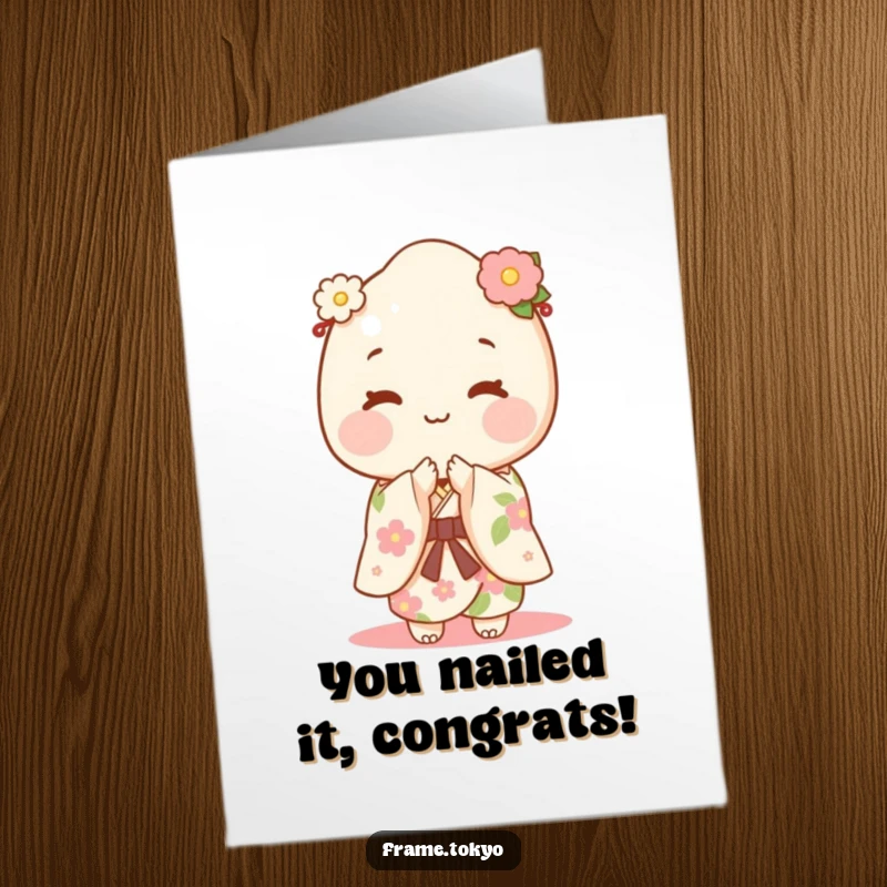 Funny Free Printable Mochi Congratulations Card: Happy mochi character in floral kimono gracefully bowing to congratulate you.