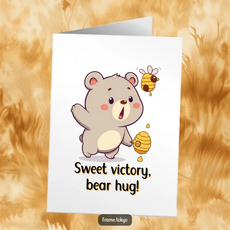Funny Free Printable Bear Congratulations Card: Surprised bear chasing a floating, dripping beehive, downloadable celebration.