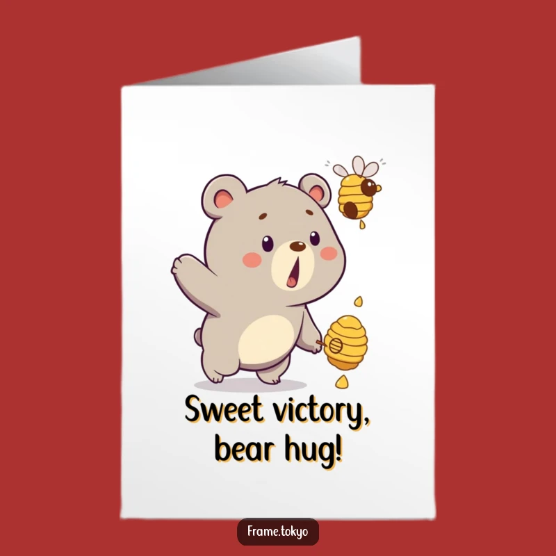 Free Printable Surprised Bear Congrats Card: Funny Beehive Chase Downloadable Greeting