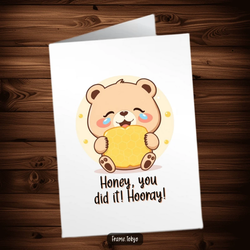 Funny Free Printable Congratulations Card: A bear weeps tears of joy, ecstatic over an enormous, delicious honeycomb, celebrating a sweet achievement.