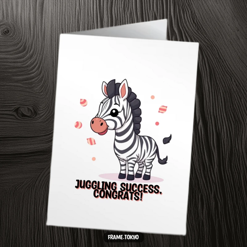 Funny Free Printable Congratulations Card: A zebra waving and juggling striped candies, signifying a sweet success and celebration.