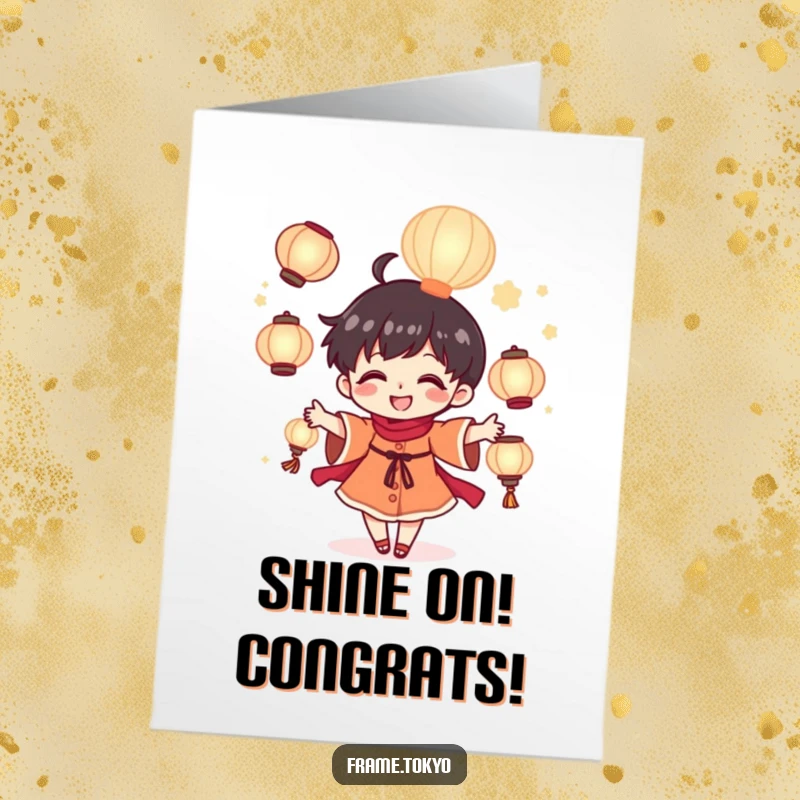 Free Printable Congratulations Card: A tiny character joyfully juggles luminous lanterns to celebrate your big win.