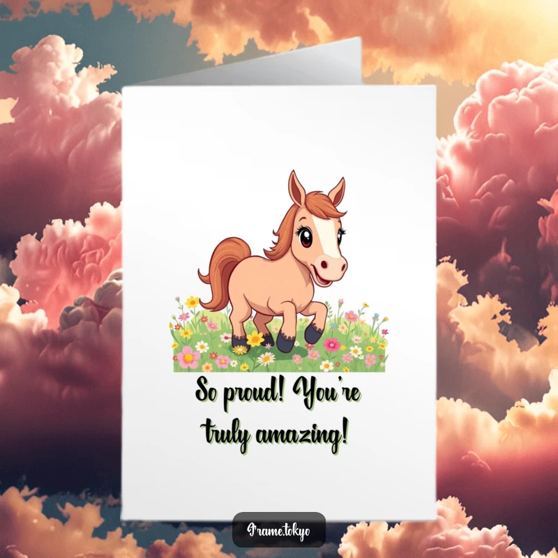 Funny Free Printable Congratulations Card: A horse with wide, excited eyes, bucking playfully amidst a meadow of vibrant flowers.