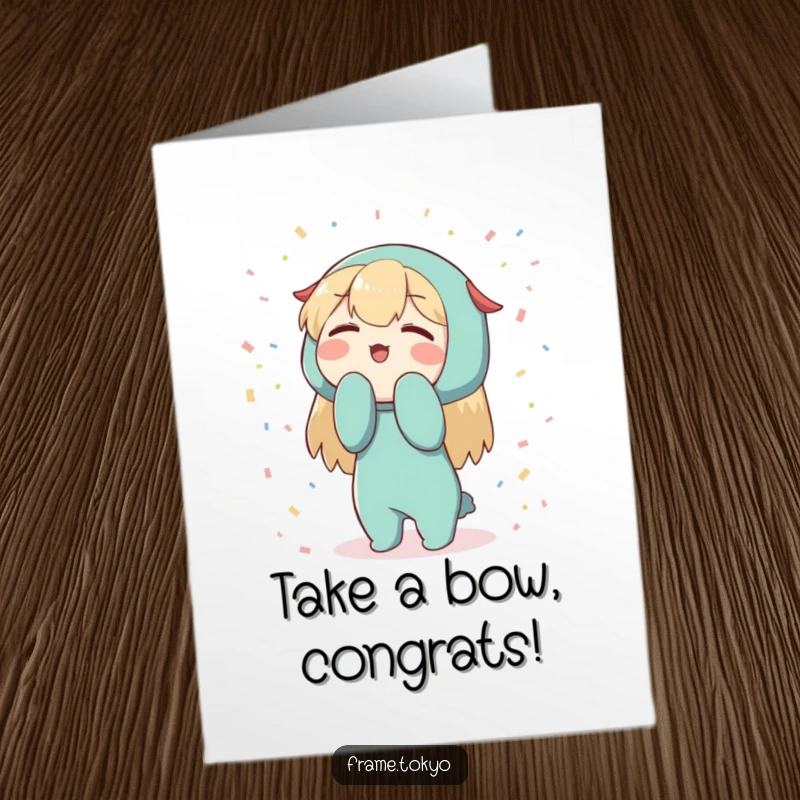 Funny Free Printable Congratulations Card with a character bowing deeply, surrounded by abstract confetti.