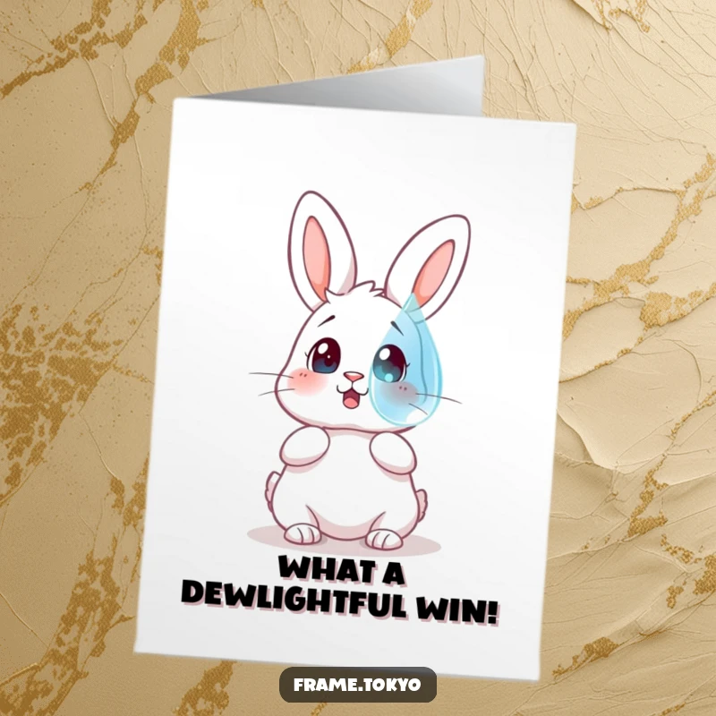 Funny Free Printable Congratulations Card: A rabbit looks utterly surprised at a massive, iridescent dewdrop floating mysteriously in the air.