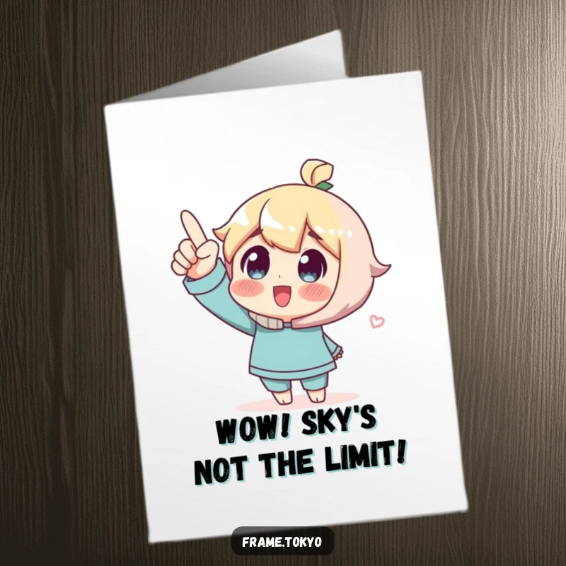 Funny Free Printable Congratulations Card: Character excitedly pointing upwards, eyes wide with wonder at their achievement.