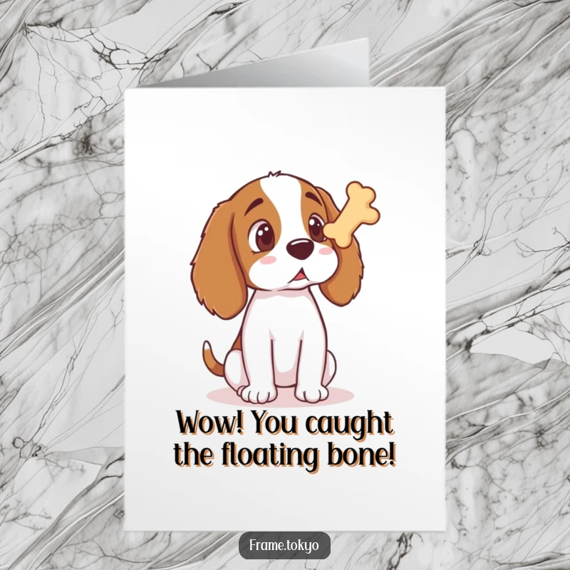 Funny Free Printable Congratulations Card: A spaniel looks stunned at a floating bone, a unique greeting.