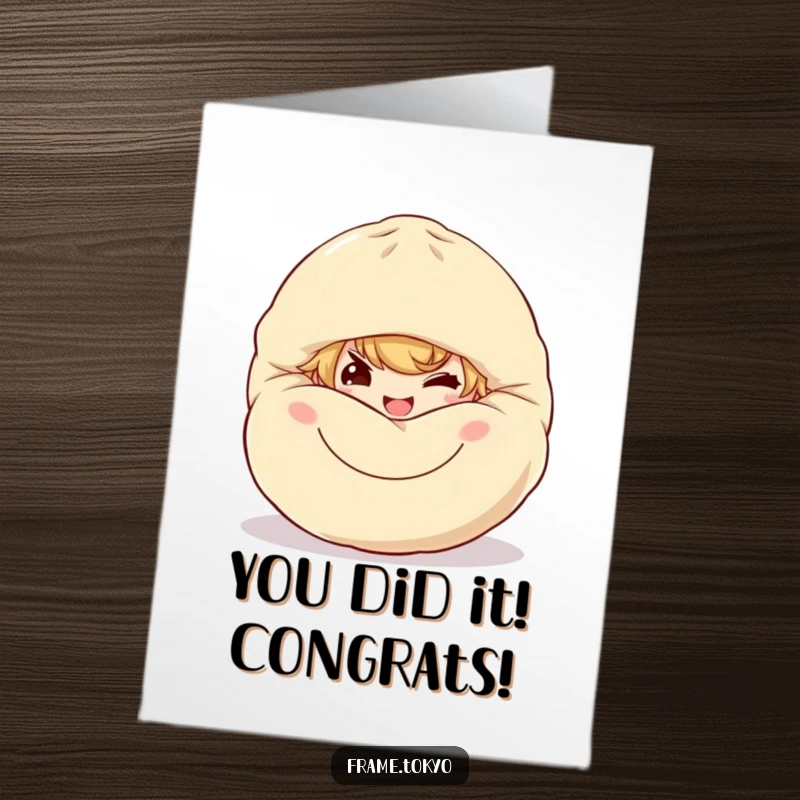 Free Printable Congratulations Card: A mischievous character grins from behind a large, smiling dumpling to celebrate you.