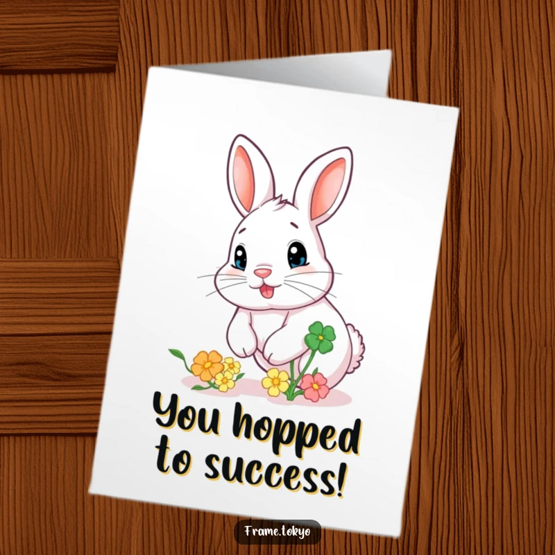 Funny Free Printable Congratulations Card: A rabbit with a twitching nose joyfully chases a big, bouncing clover, celebrating good fortune.