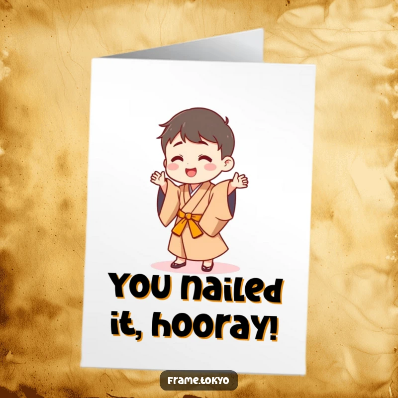 Funny Free Printable Congratulations Card: Small happy character in a Japanese robe, doing a silly, energetic dance. Celebratory and cheerful.