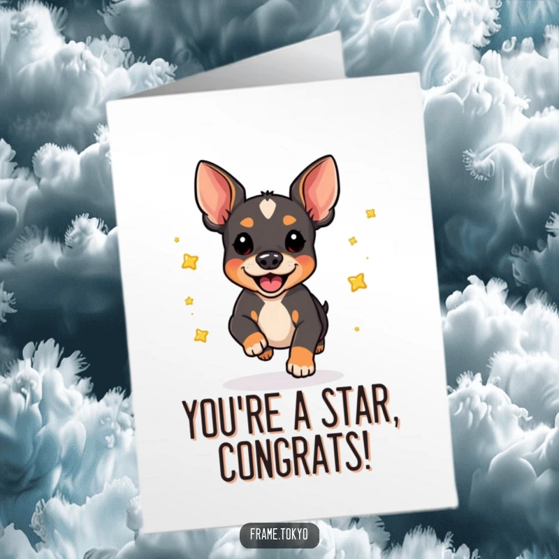 Funny Free Printable Congratulations Card: A delighted pinscher captures celebration with a star-filled pounce.