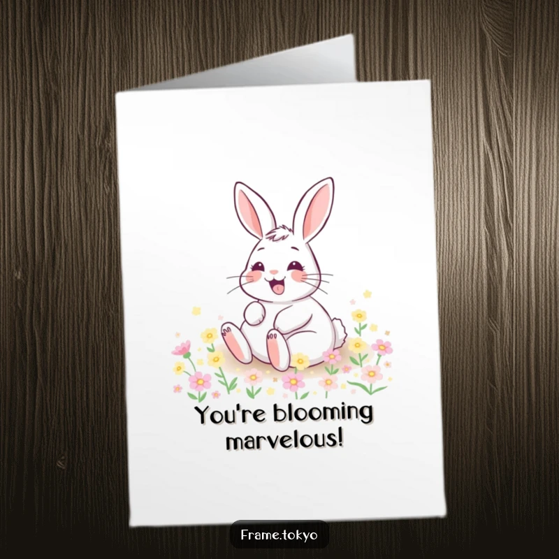 Funny Free Printable Congratulations Card: A rabbit with a huge grin is blissfully rolling in a field of small, luminous flowers.