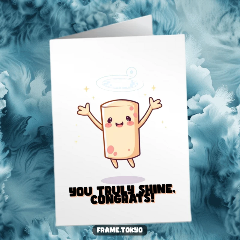 Funny Free Printable Congrats Card: A cylindrical character spins with outstretched arms, radiating success and sparkles.