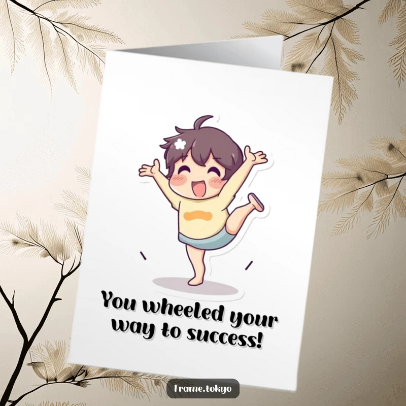Funny Free Printable Congratulations Card: Character gleefully doing a cartwheel with boundless energy and excitement.