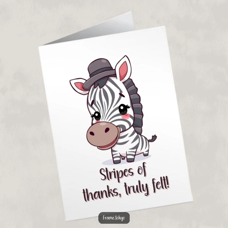 Funny Free Printable Thank You Card: A smiling zebra with a tiny top hat, offering thanks with dapper charm.