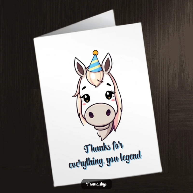 Funny Free Printable Thank You Card: A dopey horse wearing a tiny party hat, expressing thanks with a big, silly smile.