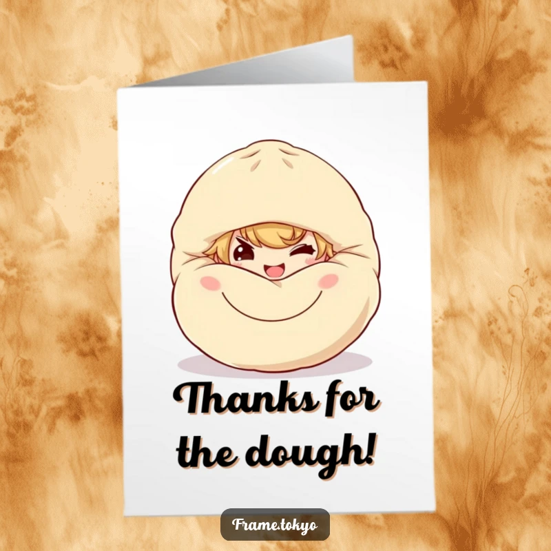Funny Free Printable Thank You Card: A character with a sly grin peeks from behind a giant, smiling dumpling.