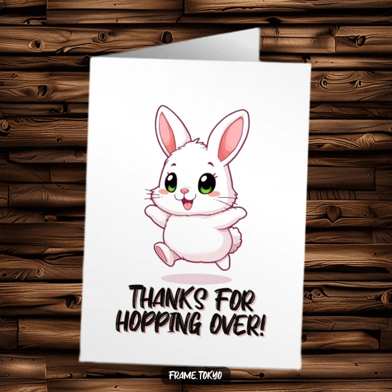 Funny Free Printable Thank You Card: Fluffy rabbit with big, excited eyes, hopping joyfully, cute bunny art.
