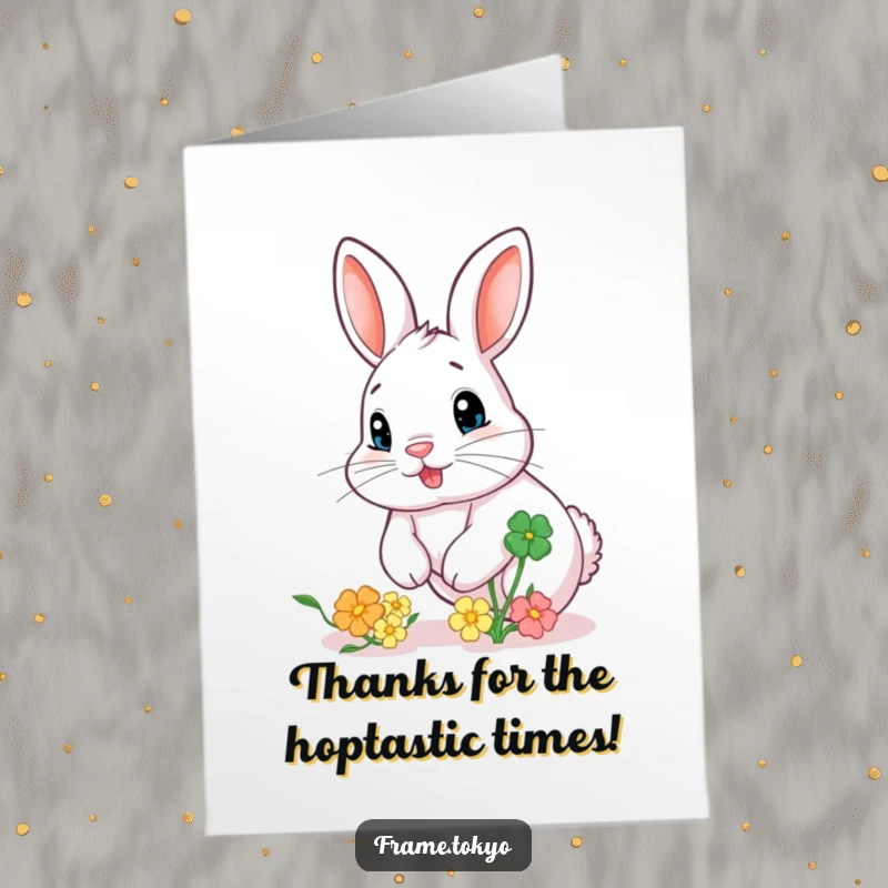Funny Free Printable Thank You Card: A rabbit eagerly chases a colorful clover, symbolizing a grateful pursuit of appreciation.