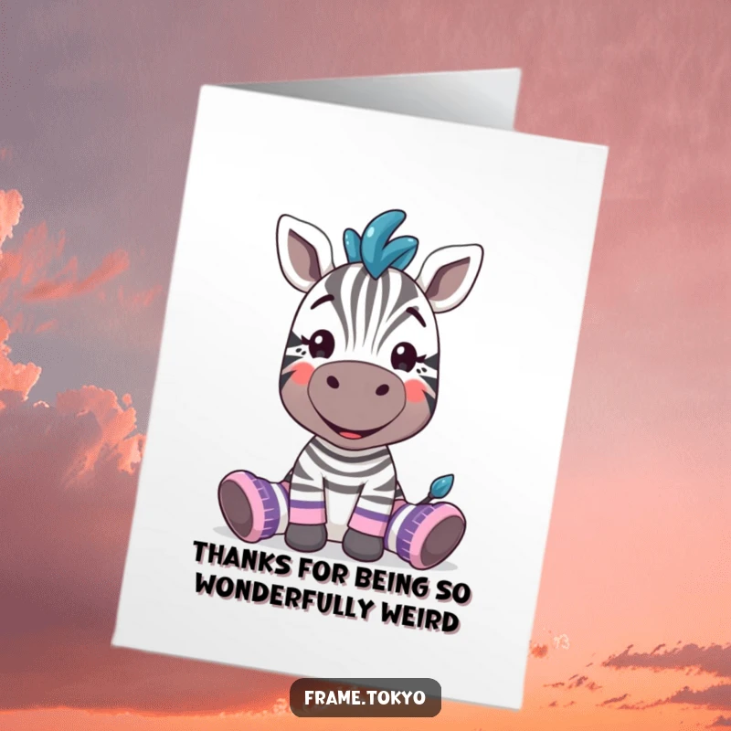 Funny Free Printable Thank You Card: A zebra showing off a silly grin and wearing large, mismatched socks, sending thanks.