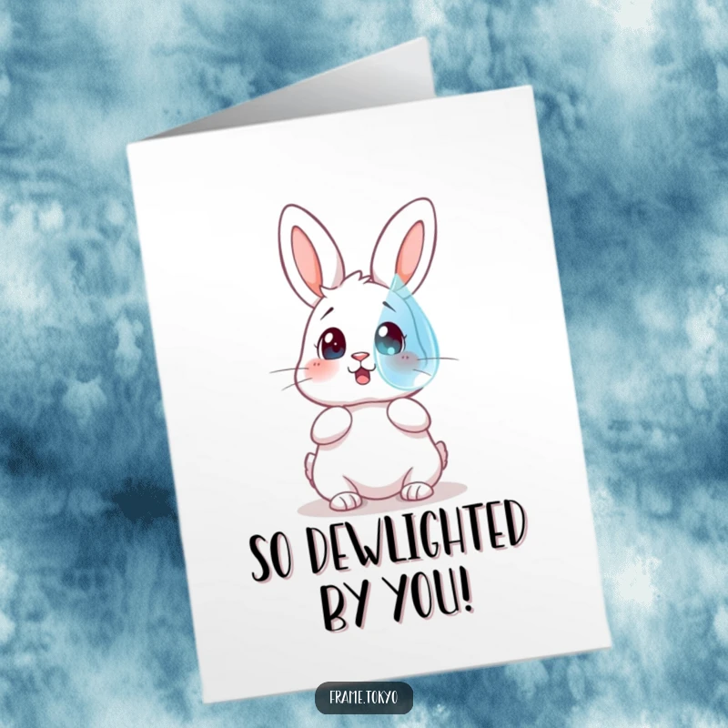 Funny Free Printable Thank You Card: A rabbit's expression is one of pure surprise as it observes a gigantic dewdrop suspended mid-air.