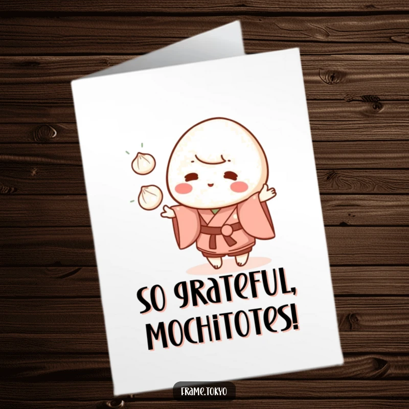Funny Free Printable Thank You Card: A kawaii mochi character in a kimono juggles three dumplings, humorously expressing profound thanks.