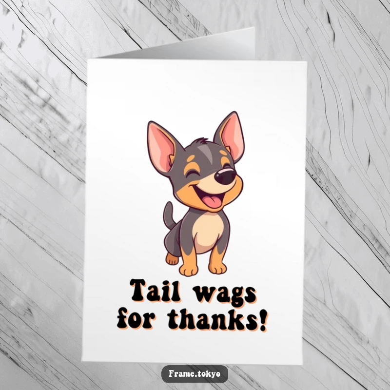 Funny Free Printable Pinscher Thank You Card: A Pinscher in mid-bark with its tail wagging furiously, looking grateful.