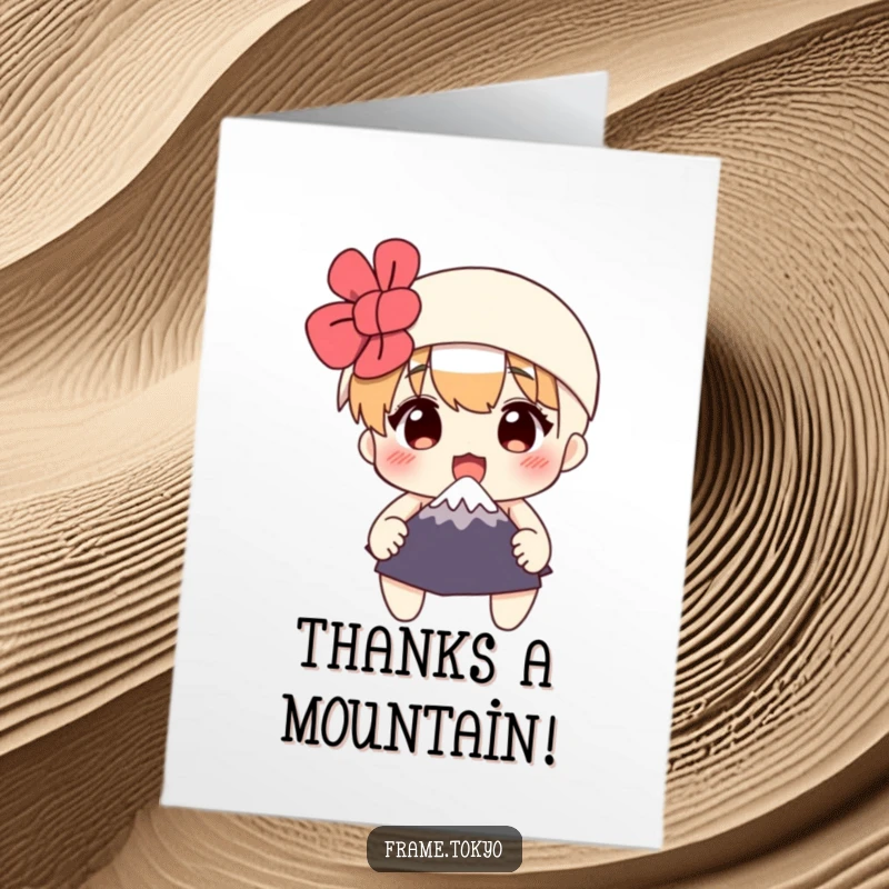 Funny free printable thank you card: A shocked character clutches a miniature Mount Fuji, offering a humorous thank you.