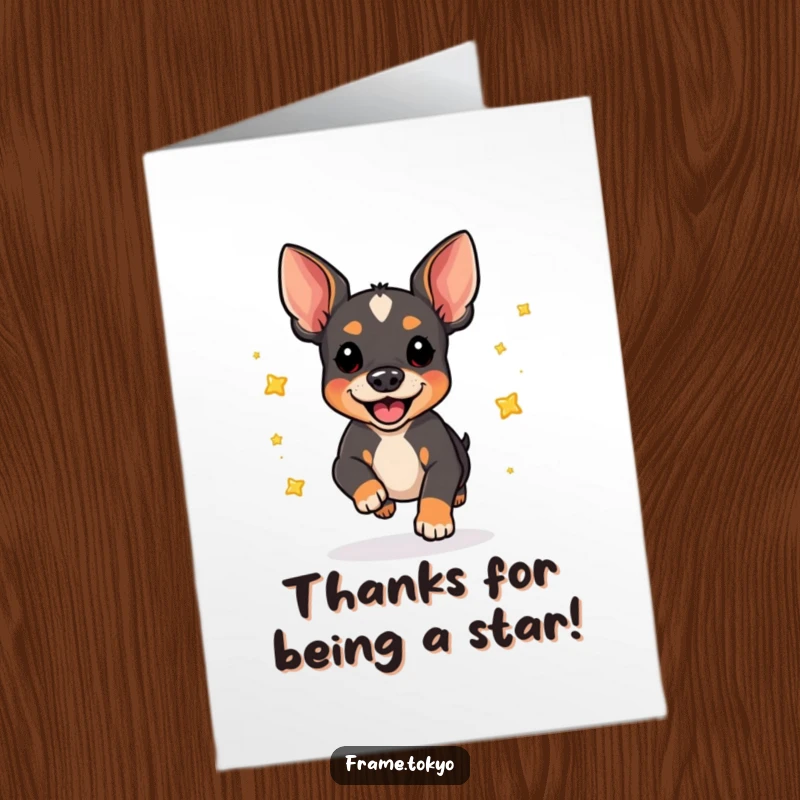 Funny Free Printable Thank You Card: A happy pinscher performing a star-scattering pounce to say thanks.