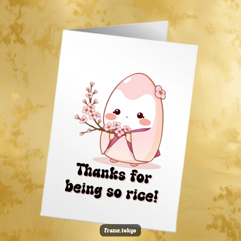 Funny Free Printable Onigiri Thank You Card: Shy onigiri character in a kimono holding a delicate cherry blossom branch, conveying thanks.