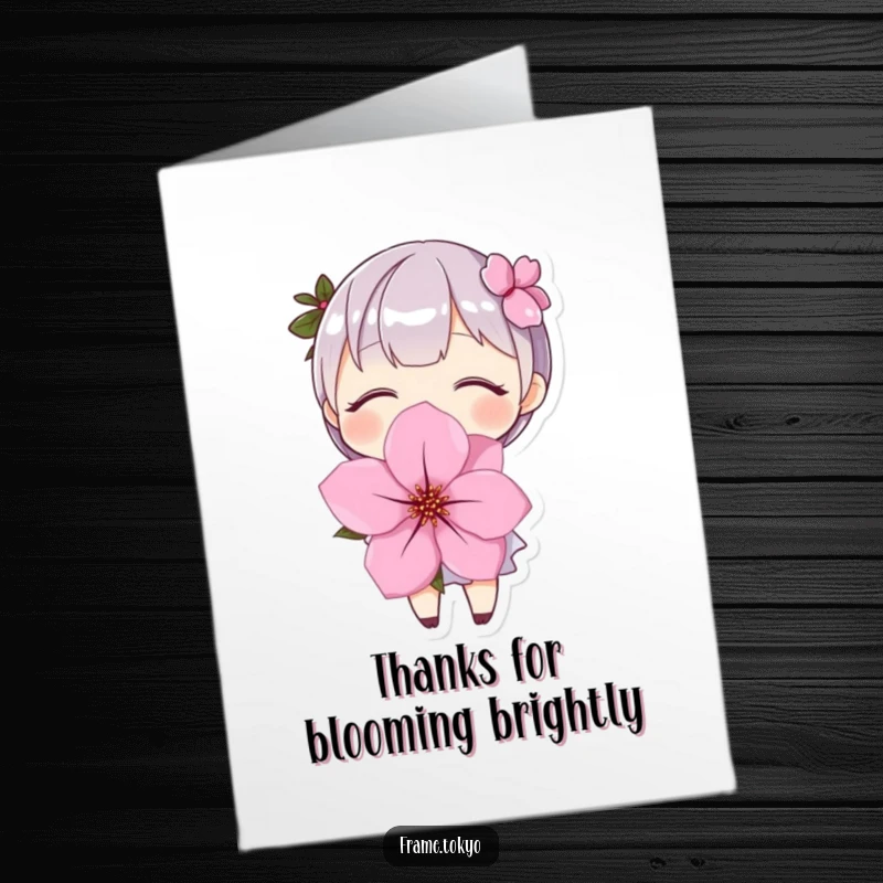 Funny Free Printable Thank You Card of a character joyfully holding a large cherry blossom, conveying heartfelt thanks.